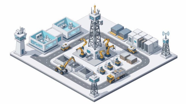 Isometric industrial construction site with telecom towers and machinery.