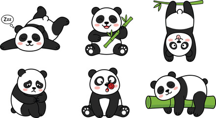 Naklejka premium Cute Kawaii Baby Panda Bear Character Vector Set Showing Various Activities Sleeping Eating Bamboo Hanging Upside Down and Sad Moods