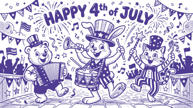 4th of July, patriotic bear and rabbit illustrations, American Independence Day vector graphics, festive holiday icons