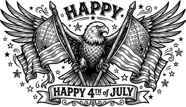 Patriotic eagle, American flag, 4th of July celebration, vintage style illustration, black and white vector