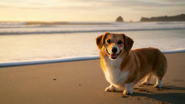 dorgi dog on huntington beach california golden light close up video