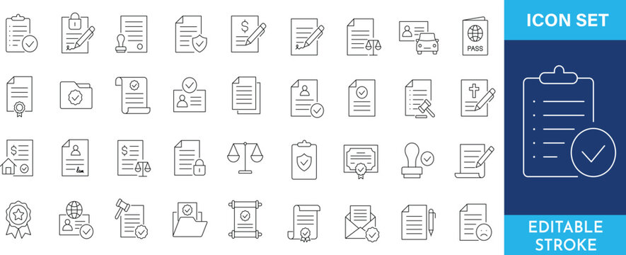 Legal document and contract agreement icons set with notary stamp and certification symbols.