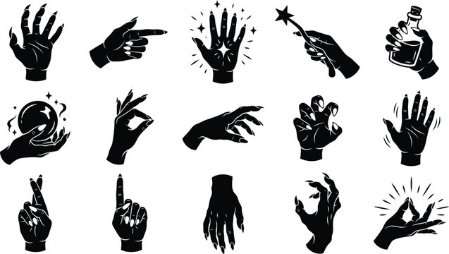 Set of Various Witchy Hand Gestures Featuring Long Sharp Claws and Symbols
