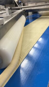 Industrial bakery production line. A roller shapes the dough into a roll. Automated technologies, conveyor lines