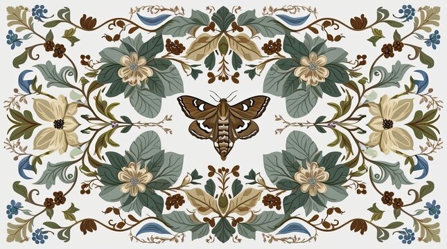 Decorative moth surrounded by vintage floral ornament elements