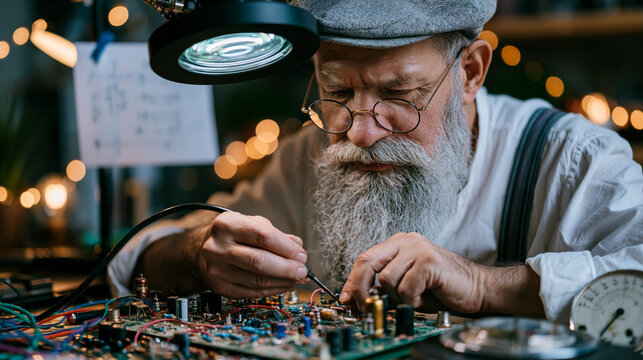Male radio technician solders a replacement capacitor into a tabletop shortwave receiver chassis under a magnified lamp, receiver schematic taped to the wall, frequency dial removed beside him, vint