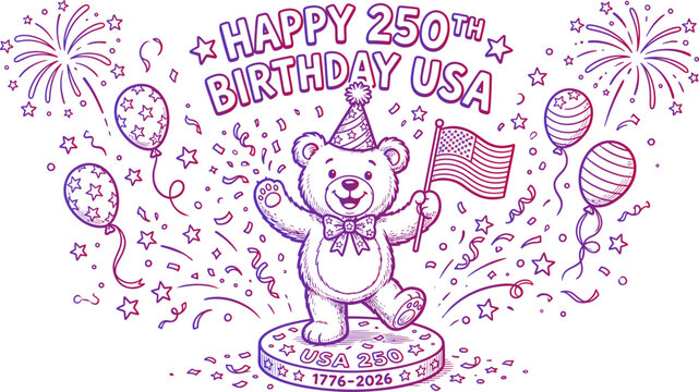 USA 250th birthday celebration, patriotic bear icon, American flag, festive party elements