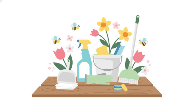 Spring cleaning tools arranged on a wooden table with fresh flowers and bees symbolizing a clean and tidy home environment during the spring season.