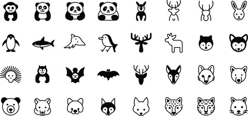 Cute wild animal silhouette icons vector set with flat panda bear fox and penguin symbols for kids nature concept designs © Sayed