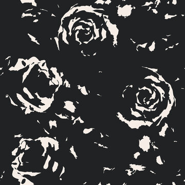 High contrast black and white abstract rose floral pattern with abstract silhouette seamless botanical background wallpaper