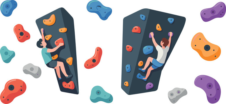Bouldering and rock climbing vector elements set with people climbing on indoor artificial walls and colorful bouldering holds