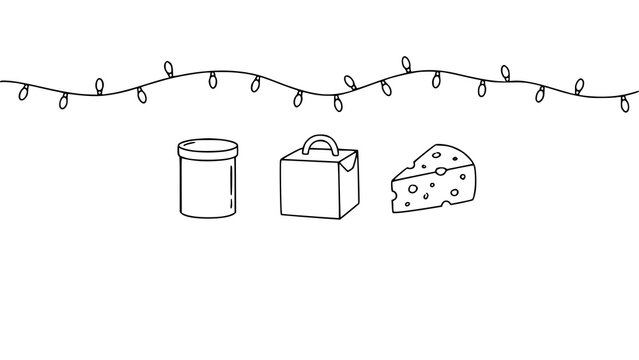 Minimalist graphic of food container gift box and cheese with string lights