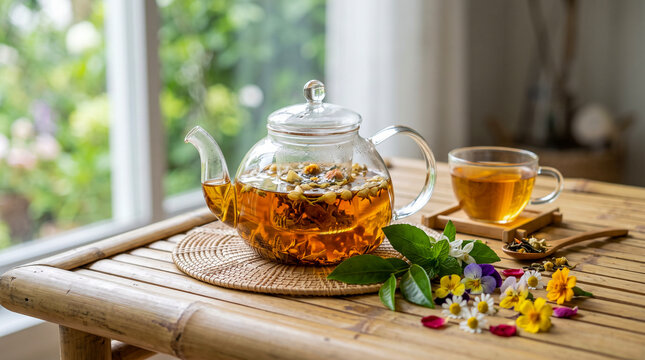 Mockup de una tetera de cristal transparente con t&eacute; &aacute;mbar reci&eacute;n infusionado. Rodeada de hojas verdes y flores comestibles sobre una mesa de bamb&uacute;. Fondo desenfocado minimalista con luz natural. 
