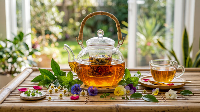 Mockup de una tetera de cristal transparente con t&eacute; &aacute;mbar reci&eacute;n infusionado. Rodeada de hojas verdes y flores comestibles sobre una mesa de bamb&uacute;. Fondo desenfocado minimalista con luz natural. 