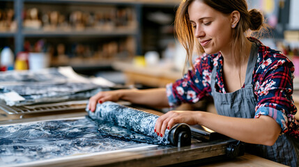 Fototapeta premium Printmaking student pulls a linocut edition print from a tabletop etching press, ink dragging across textured paper, completed prints stacked on drying rack, studio shelves of carving tools visible,
