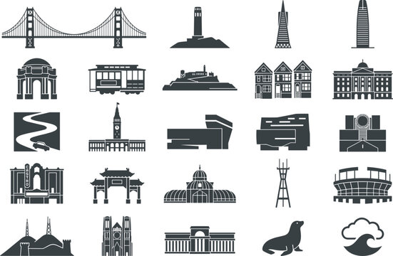 San Francisco Landmark and Travel Solid Silhouette Icon Set Featuring Golden Gate Bridge Cable Car Alcatraz Painted Ladies Chinatown Tower And California Tourism Symbols