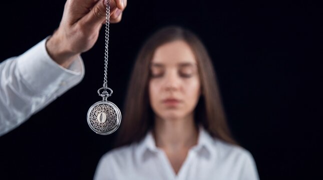 A hypnotherapist holding a silver pocket watch on a chain in front of a woman in a trance state, isolated on a black background.