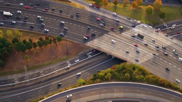 Wide highway cutting through Atlanta city center with steady traffic flow and modern urban architecture.