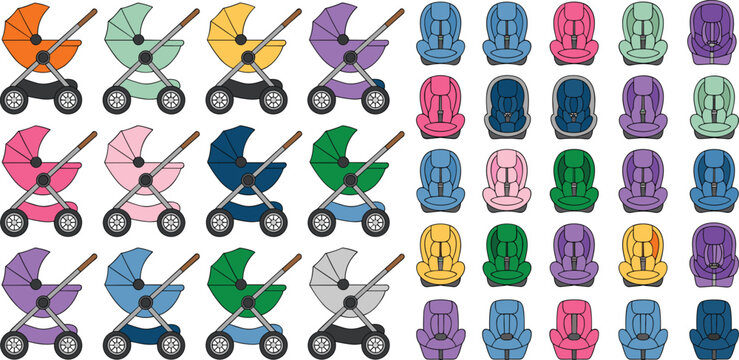 Baby stroller and car seat vector icons set with colorful prams and infant safety carriers collection for newborn transportation design