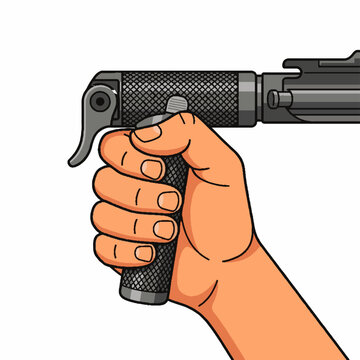Hand holding a tactical vertical foregrip attached to a modern firearm rail system.
