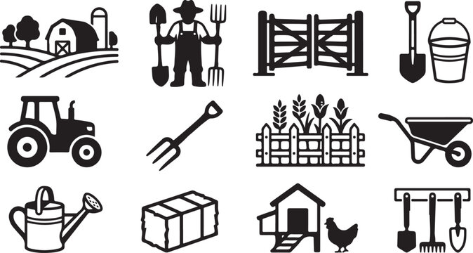 Set of black farming and agriculture icons featuring tractor farmer tools and farm buildings