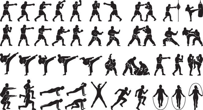 Set of black silhouettes showing people boxing kickboxing and doing fitness exercises