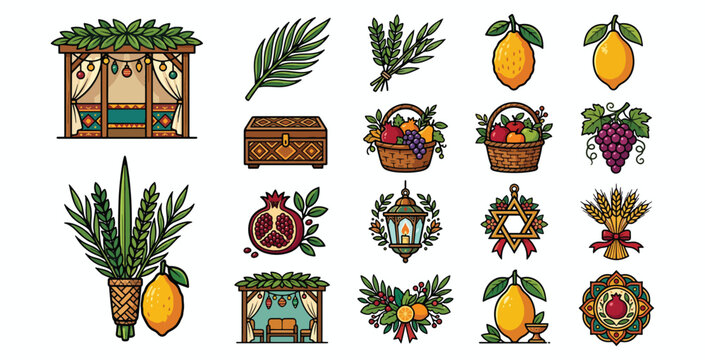 Sukkot festival icons set featuring lulav etrog fruit booth decoration harvest baskets and lanterns.