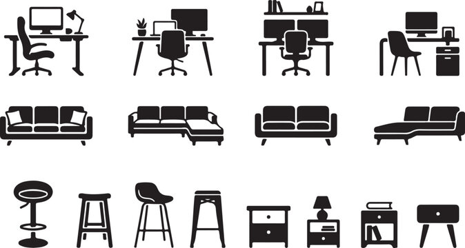 Set of black furniture icons including office desks sofas and modern bar stools for home design
