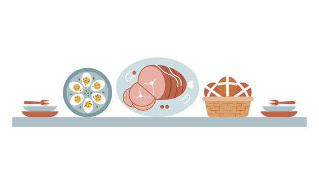 Festive easter dinner table setting featuring glazed ham, deviled eggs, and fresh hot cross buns arranged nicely on a platter for holiday meals.