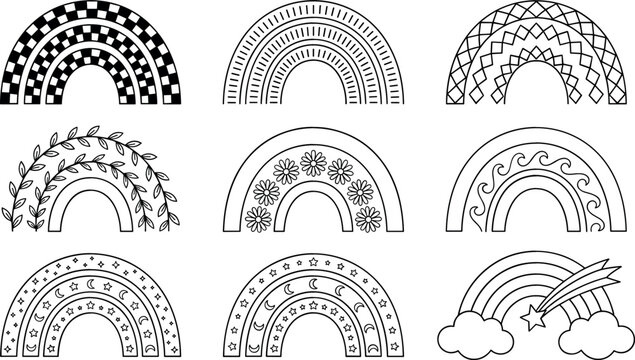Boho rainbow silhouette vector set featuring minimalist patterns stars flowers clouds and leaves for nursery decor stickers t shirt prints and baby shower designs