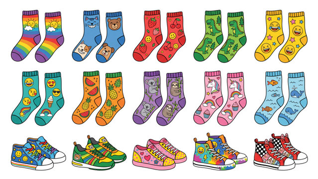 Colorful cartoon socks collection with different patterns and designs