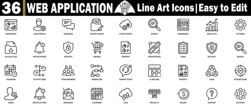 Web application line art icons set. Featuring dashboard, user profile, messages, content manager, cloud config, search, analytics, and vector illustration.