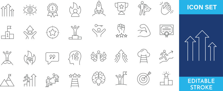 Success and growth outline icon set, black and white stroke editable.
