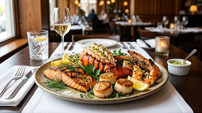Delicious grilled seafood platter with fresh salmon lobster tail and scallops served on a ceramic plate in a fancy dining restaurant