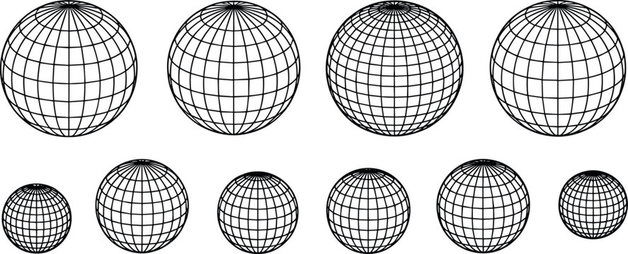 Geometric wireframe globe vector set with black grid sphere line design elements isolated on white background