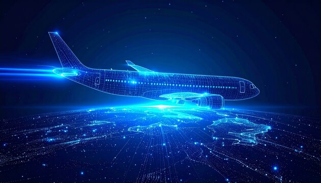 Digital wireframe airplane glowing blue lines futuristic aviation concept