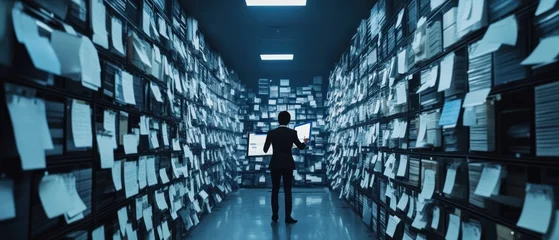 Person working with computer in large document archive data management concept © afridwi