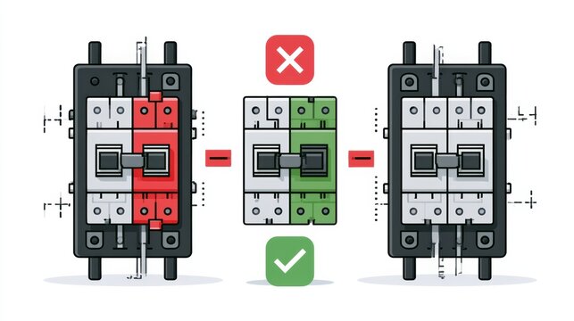 Illustration shows circuit breaker tripping to isolate a red failure section from the rest of the electrical grid using a green breaker.