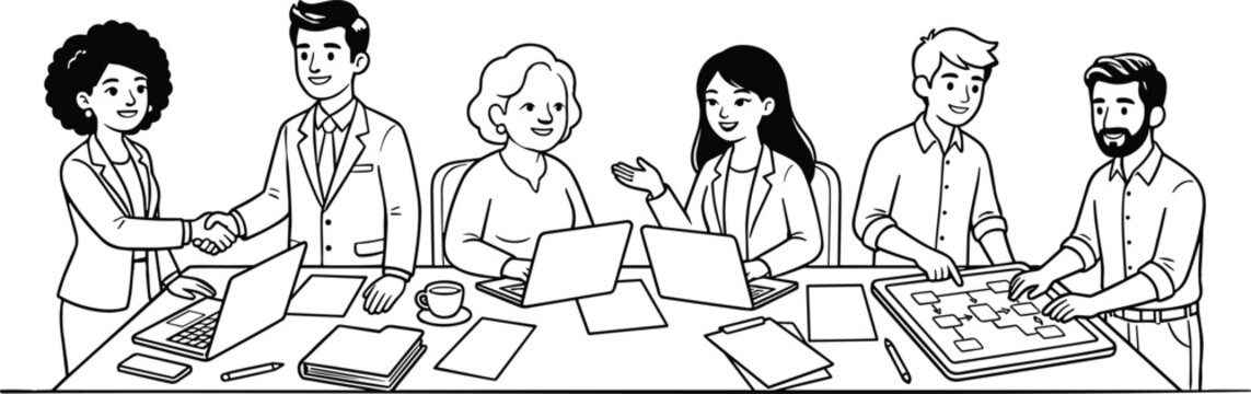 Vector line art illustration of business people shaking hands and collaborating on a flowchart layout in conference meeting.