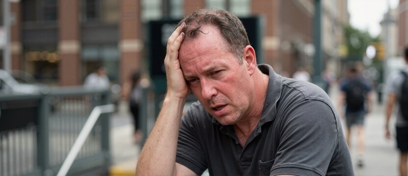 Exhausted man suffering from heatstroke in a hot city. Middle aged male with red sweaty face holding his head due to urban heat stress