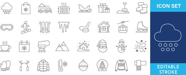 Winter and christmas line icon set editable stroke winter and cold weather seasonal pictograms snow vector illustration. © Deloara
