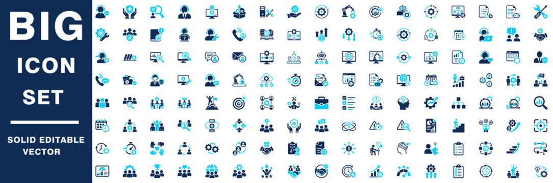Mega icon set of  business, management, technology, partnership , automation, productivity, financial risk management, tech support , communication, Solid icons vector
