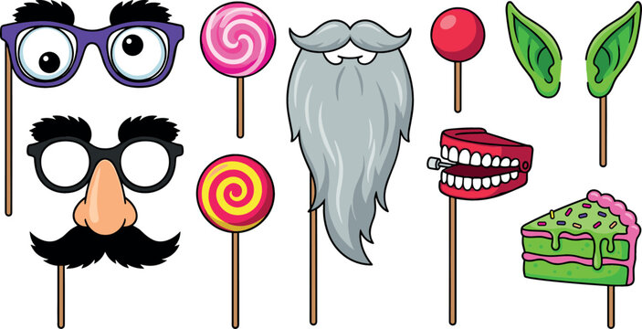Funny photo booth props cartoon vector set featuring disguise glasses with big nose beard mustache elf ears lollipops cake slice and chattering teeth on sticks.