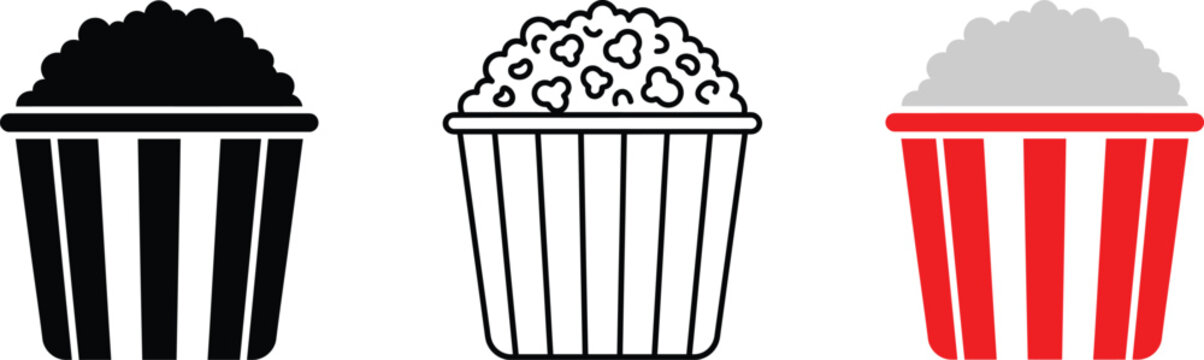 Colorful popcorn buckets with striped patterns and different colored popcorn fills