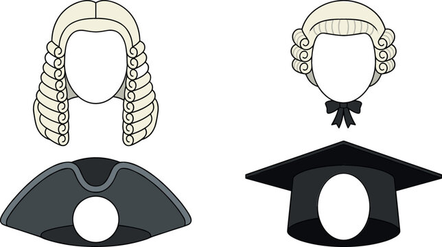 Judge wig and barrister headwear vector photo booth props set featuring traditional courtroom lawyer wigs tricorn hat and graduation mortarboard cap isolated elements.