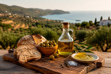 Obraz premium Traditional Mediterranean Spanish Country Breakfast at Sunrise with Homemade Bread, Garlic, Olive Oil, Olive Groves and Sea View