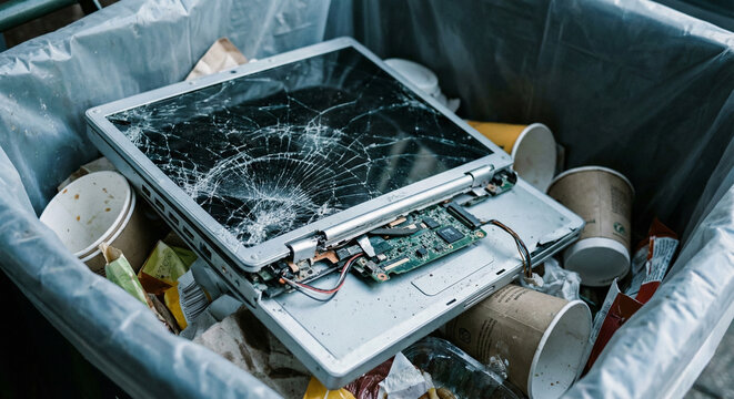 Broken laptop in trash bin