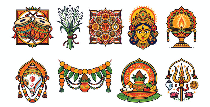 Hindu festival flat outline vector icon set including traditional drums offerings and deities.