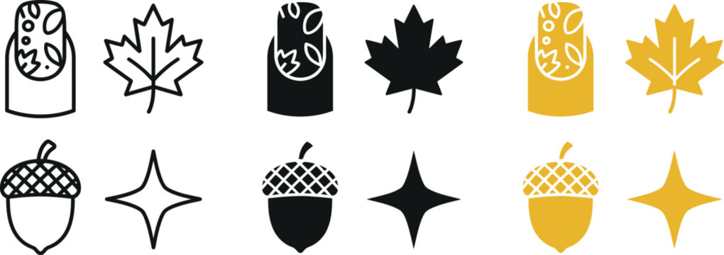 Autumn nail art icons set with maple leaf and acorn