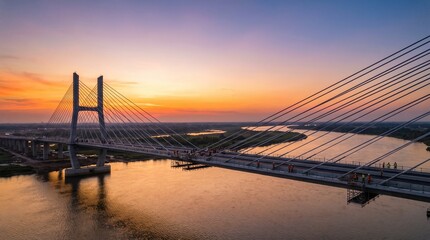 Obraz premium Aerial view of a large cable-stayed bridge spanning a body of water at sunset with a vibrant orange sky and calm water reflecting the colors of the sky.